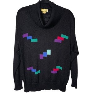 VIVANTI vintage retro cowl turtleneck black multicolored sweatshirt